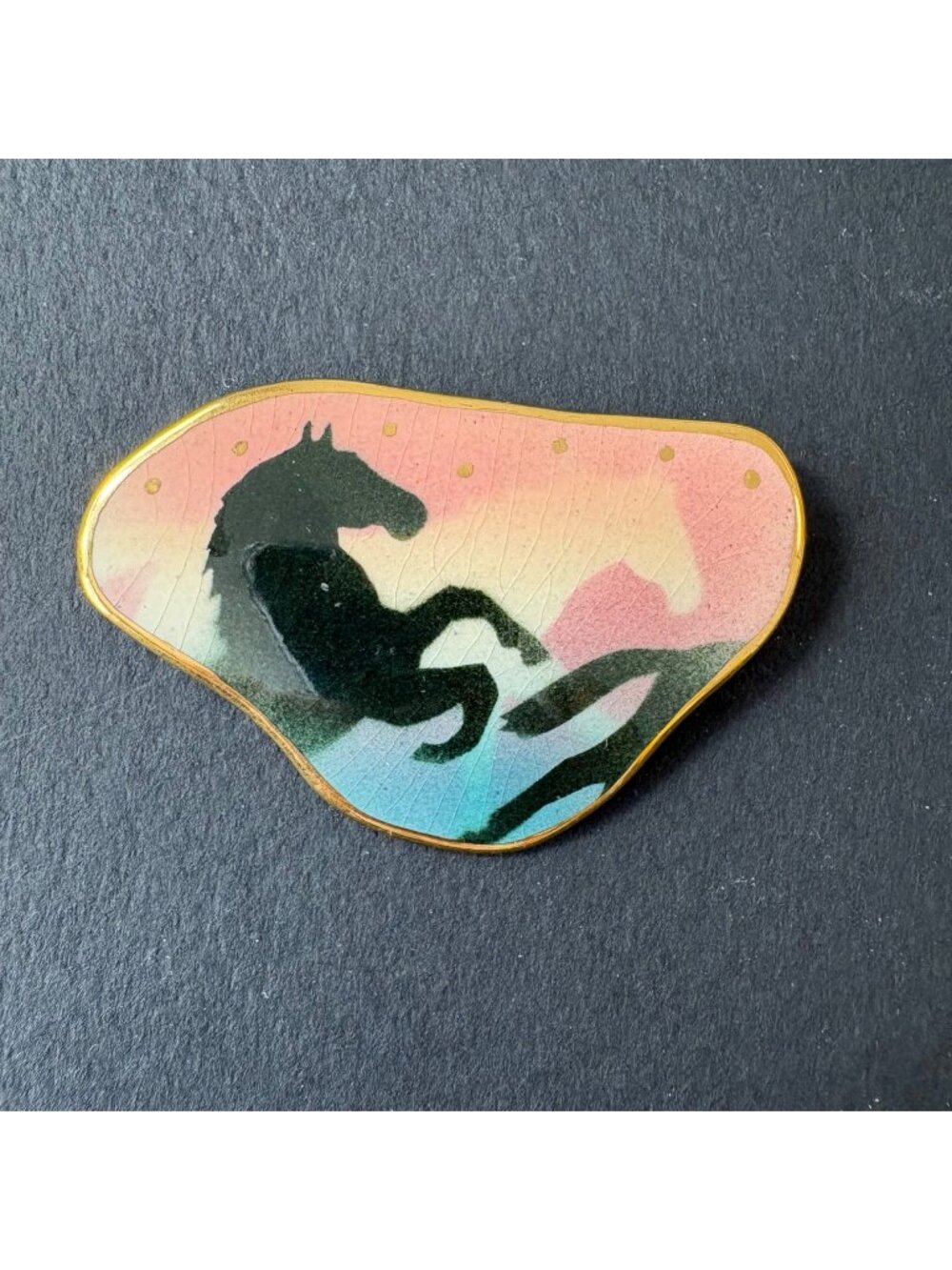 Artisan Made Horse Pin Brooch Unbranded Enameled Clay Gold Trim Southwest